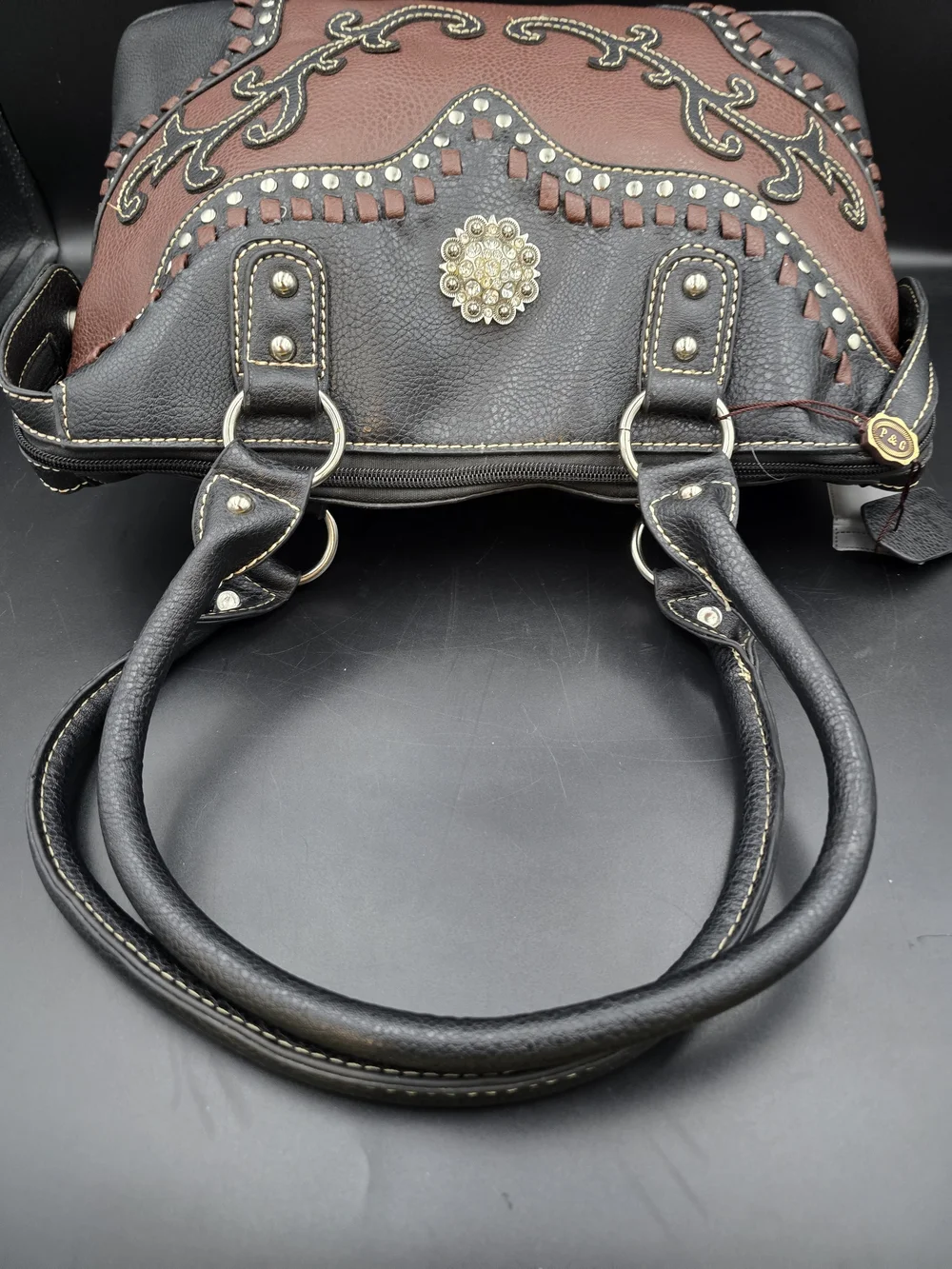 Embellished Two-Tone Black and Brown Satchel Handbag